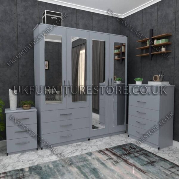 Silver 4 Door Wardrobe Set With 4 Mirrors and 3 Bottom Drawers