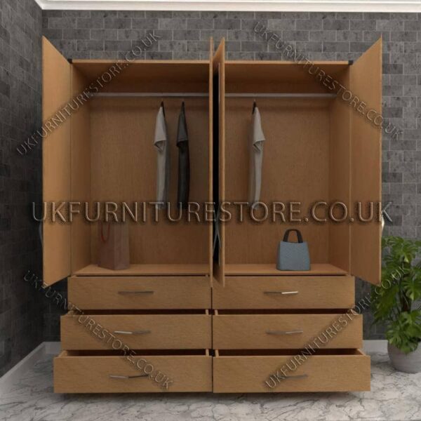 Beech 4 Door Wardrobe With 6 Bottom Drawers