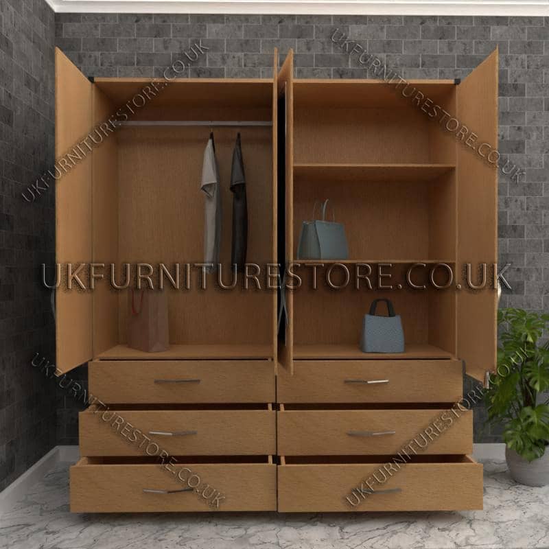 Beech 4 Door Wardrobe With 6 Bottom Drawers