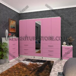 Front Pink Side White 5 Door Wardrobe Set With 1 Mirror