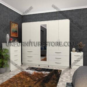 White 5 Door Wardrobe Set With 1 Mirror