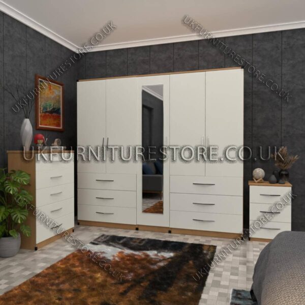 Front White Side Beech 5 Door Wardrobe Set With 1 Mirror