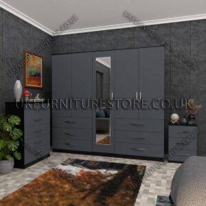 Front Gray Side Black 5 Door Wardrobe Set With 1 Mirror