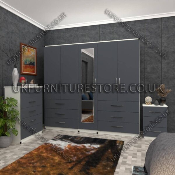 Front Gray Side White 5 Door Wardrobe Set With 1 Mirror