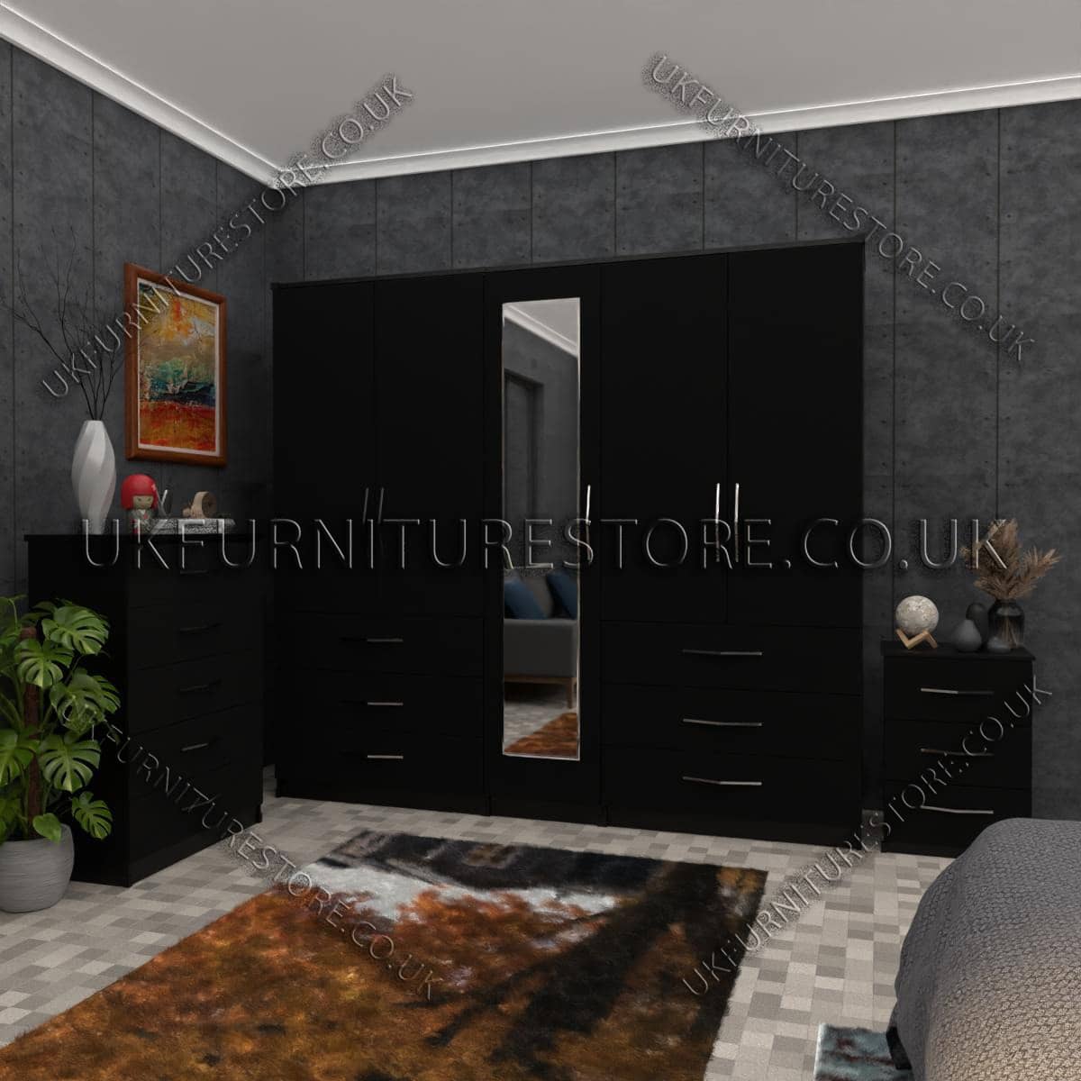 Black 5 Door Wardrobe Set With 1 Mirror