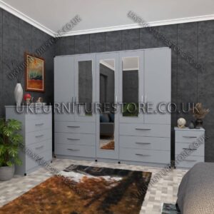 Silver 5 Door Wardrobe 3 Mirrors and 6 Bottom Drawers