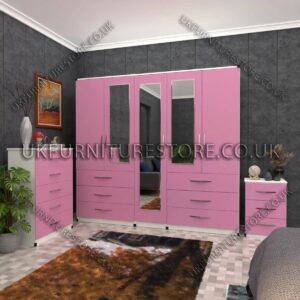 Front Pink Side White 5 Door Wardrobe 3 Mirrors and 6 Bottom Drawers