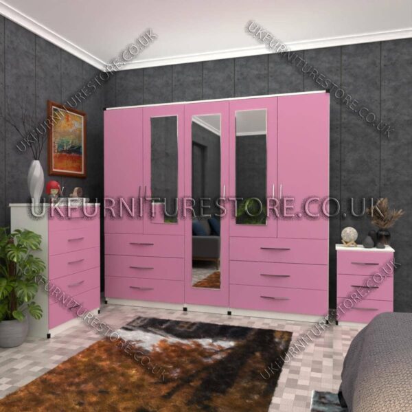 Front Pink Side White 5 Door Wardrobe 3 Mirrors and 6 Bottom Drawers