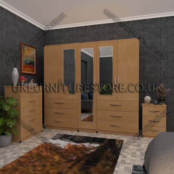 Beech 5 Door Wardrobe 3 Mirrors and 6 Bottom Drawers