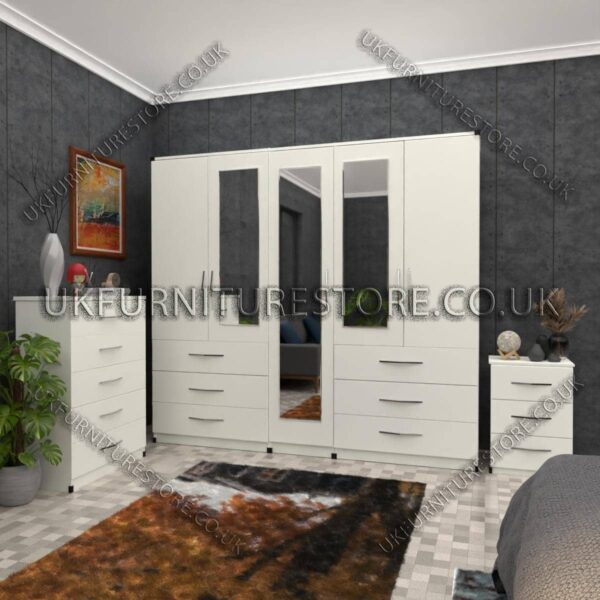 White 5 Door Wardrobe 3 Mirrors and 6 Bottom Drawers
