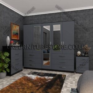 Front Gray Side Black 5 Door Wardrobe 3 Mirrors and 6 Bottom Drawers