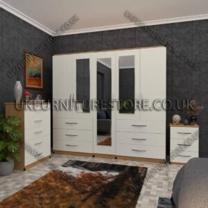 Front White Side Beech 5 Door Wardrobe 3 Mirrors and 6 Bottom Drawers