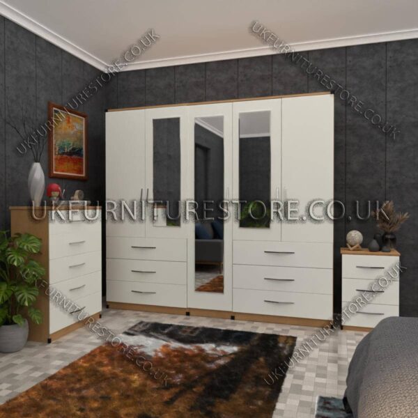 Front White Side Beech 5 Door Wardrobe 3 Mirrors and 6 Bottom Drawers