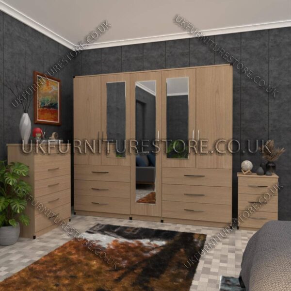 Oak 5 Door Wardrobe 3 Mirrors and 6 Bottom Drawers