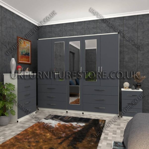 Front Gray Side White 5 Door Wardrobe 3 Mirrors and 6 Bottom Drawers