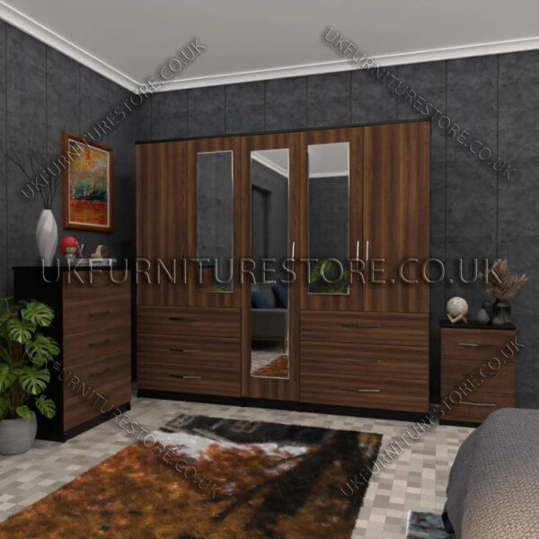 Front Walnut Side Black 5 Door Wardrobe 3 Mirrors and 6 Bottom Drawers