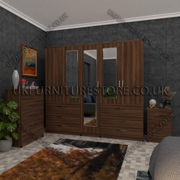 Walnut 5 Door Wardrobe 3 Mirrors and 6 Bottom Drawers