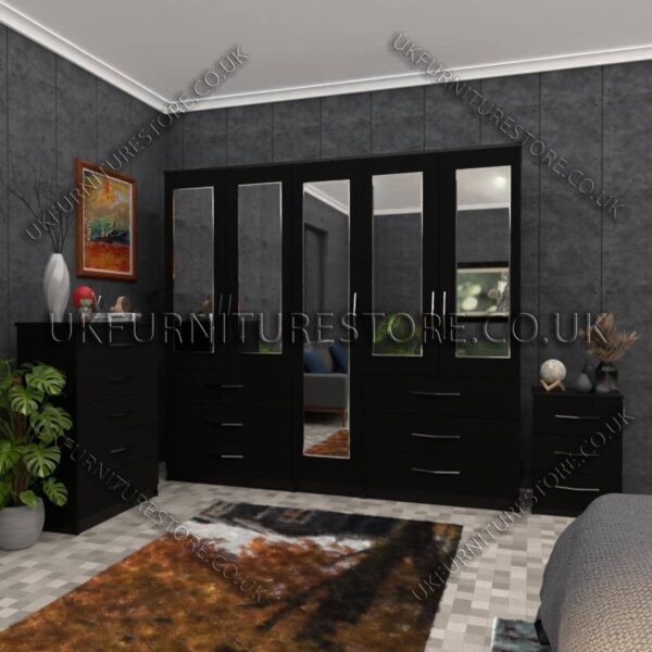 Black 5 Door Wardrobe 5 Mirrors and 6 Bottom Drawers