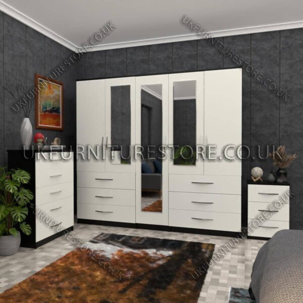 Front White Side Black 5 Door Wardrobe 3 Mirrors and 6 Bottom Drawers