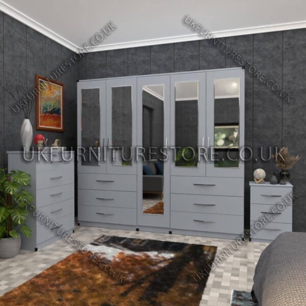 Silver 5 Door Wardrobe 5 Mirrors and 6 Bottom Drawers