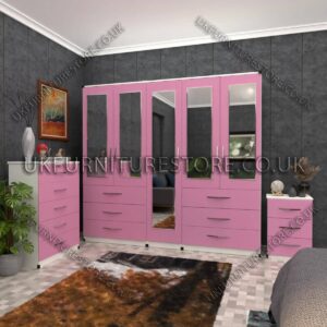 Front Pink Side White 5 Door Wardrobe 5 Mirrors and 6 Bottom Drawers