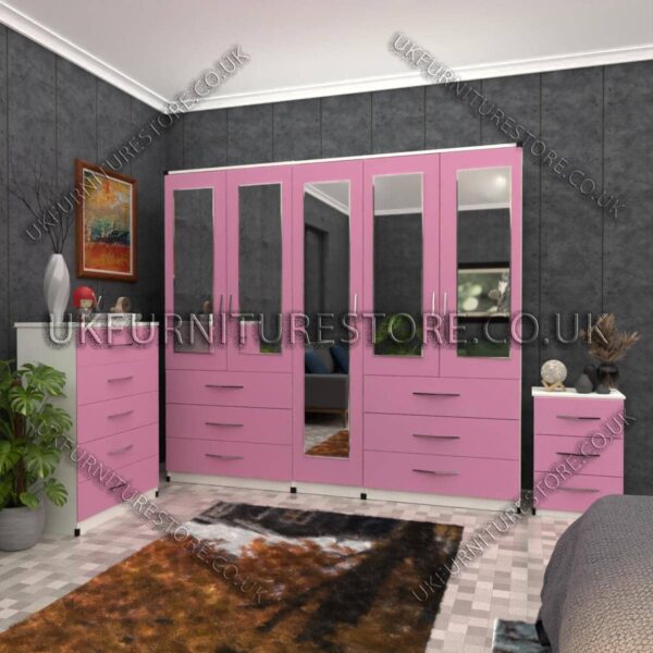 Front Pink Side White 5 Door Wardrobe 5 Mirrors and 6 Bottom Drawers