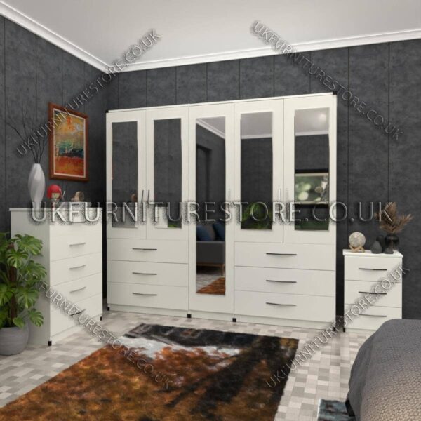 White 5 Door Wardrobe 5 Mirrors and 6 Bottom Drawers