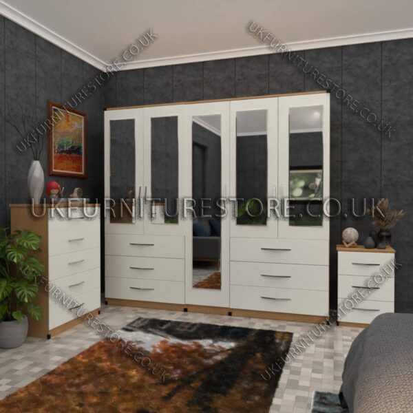 Front White Side Oak 5 Door Wardrobe 5 Mirrors and 6 Bottom Drawers