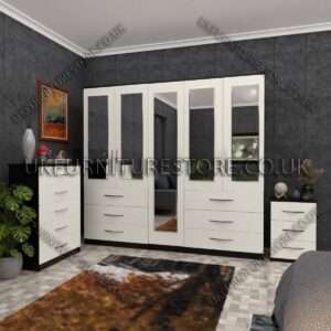 Front White Side Black 5 Door Wardrobe 5 Mirrors and 6 Bottom Drawers