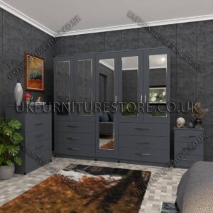 Gray 5 Door Wardrobe 5 Mirrors and 6 Bottom Drawers