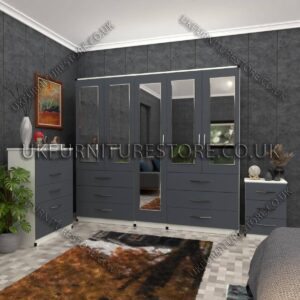 Front Gray Side White 5 Door Wardrobe 5 Mirrors and 6 Bottom Drawers