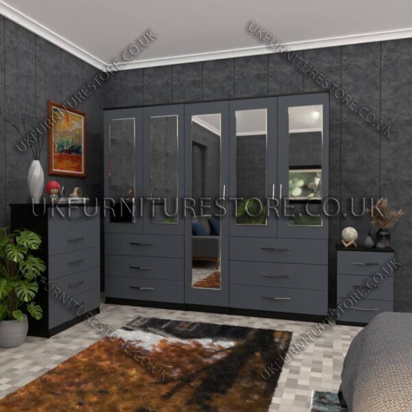 Front Gray Side Black 5 Door Wardrobe 5 Mirrors and 6 Bottom Drawers