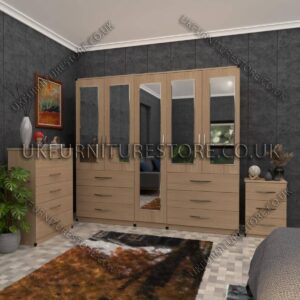 Oak 5 Door Wardrobe 5 Mirrors and 6 Bottom Drawers
