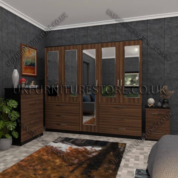 Front Walnut Side Black 5 Door Wardrobe 5 Mirrors and 6 Bottom Drawers