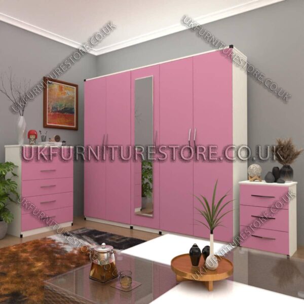 Front Pink Side White 5 Door Wardrobe Set With 1 Mirror