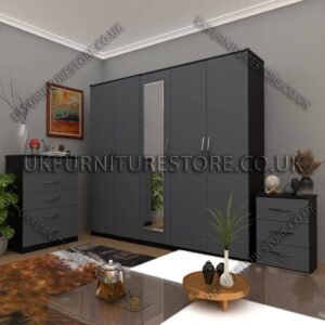 Front Gray Side Black 5 Door Wardrobe Set With 1 Mirror