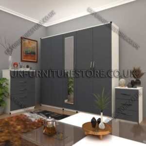 Front Gray Side White 5 Door Wardrobe Set With 1 Mirror