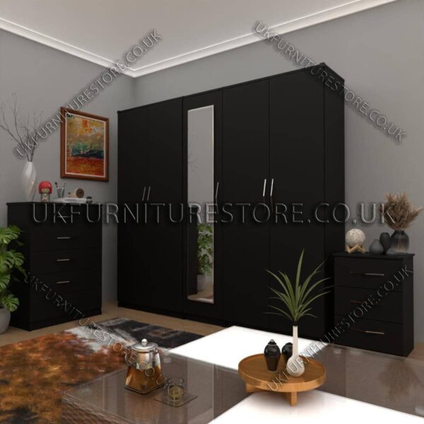 Black 5 Door Wardrobe Set With 1 Mirror