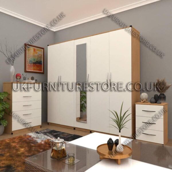 Front White Side Oak 5 Door Wardrobe Set With 1 Mirror