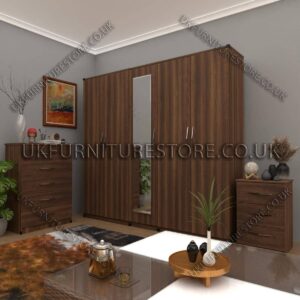 Walnut 5 Door Wardrobe Set With 1 Mirror