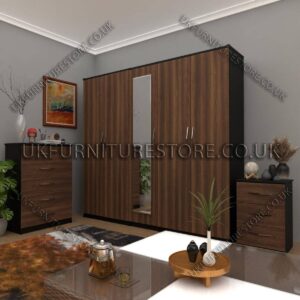 Front Walnut Side Black 5 Door Wardrobe Set With 1 Mirror