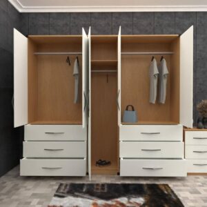 Front White Side Beech 5 Door Wardrobe Set With 6 Bottom Drawers