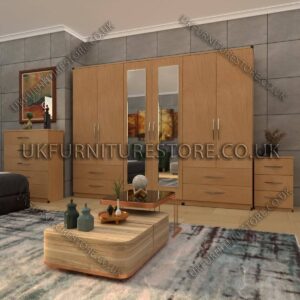 Beech 6 Door Wardrobe With 2 Mirrors and 4 Bottom Drawer