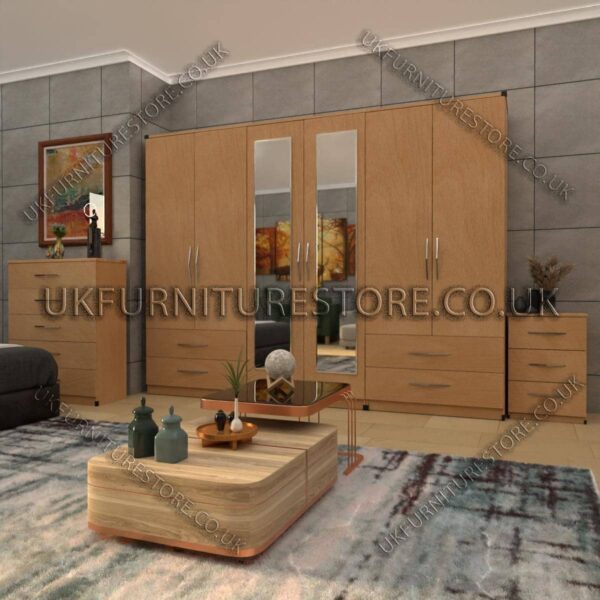 Beech 6 Door Wardrobe With 2 Mirrors and 4 Bottom Drawer