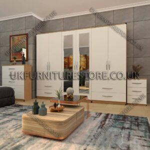 Front White Side Oak 6 Door Wardrobe With 2 Mirrors and 4 Bottom Drawer