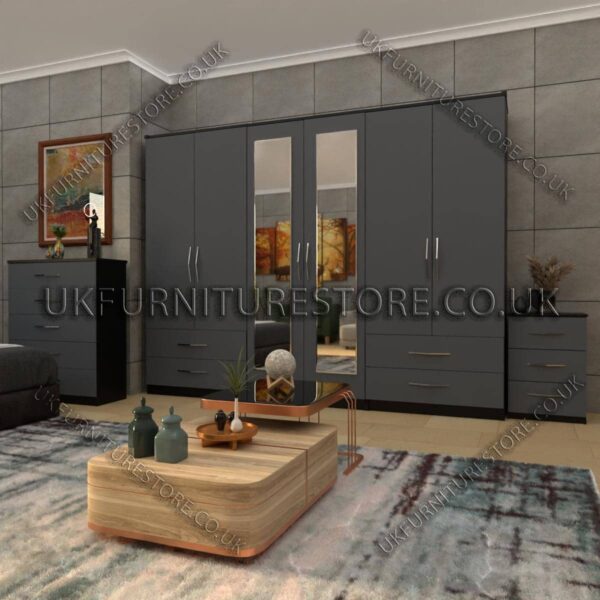 Front Gray Side Black 6 Door Wardrobe With 2 Mirrors and 4 Bottom Drawer