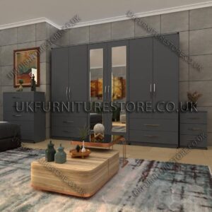 Gray 6 Door Wardrobe With 2 Mirrors and 4 Bottom Drawer