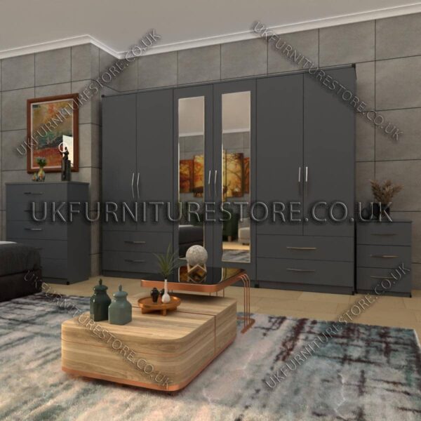 Gray 6 Door Wardrobe With 2 Mirrors and 4 Bottom Drawer