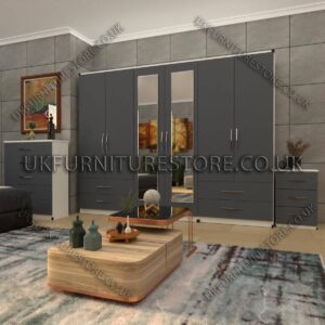 Front Gray Side White 6 Door Wardrobe With 2 Mirrors and 4 Bottom Drawer