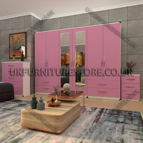 Front Pink Side White 6 Door Wardrobe With 2 Mirrors and 4 Bottom Drawer